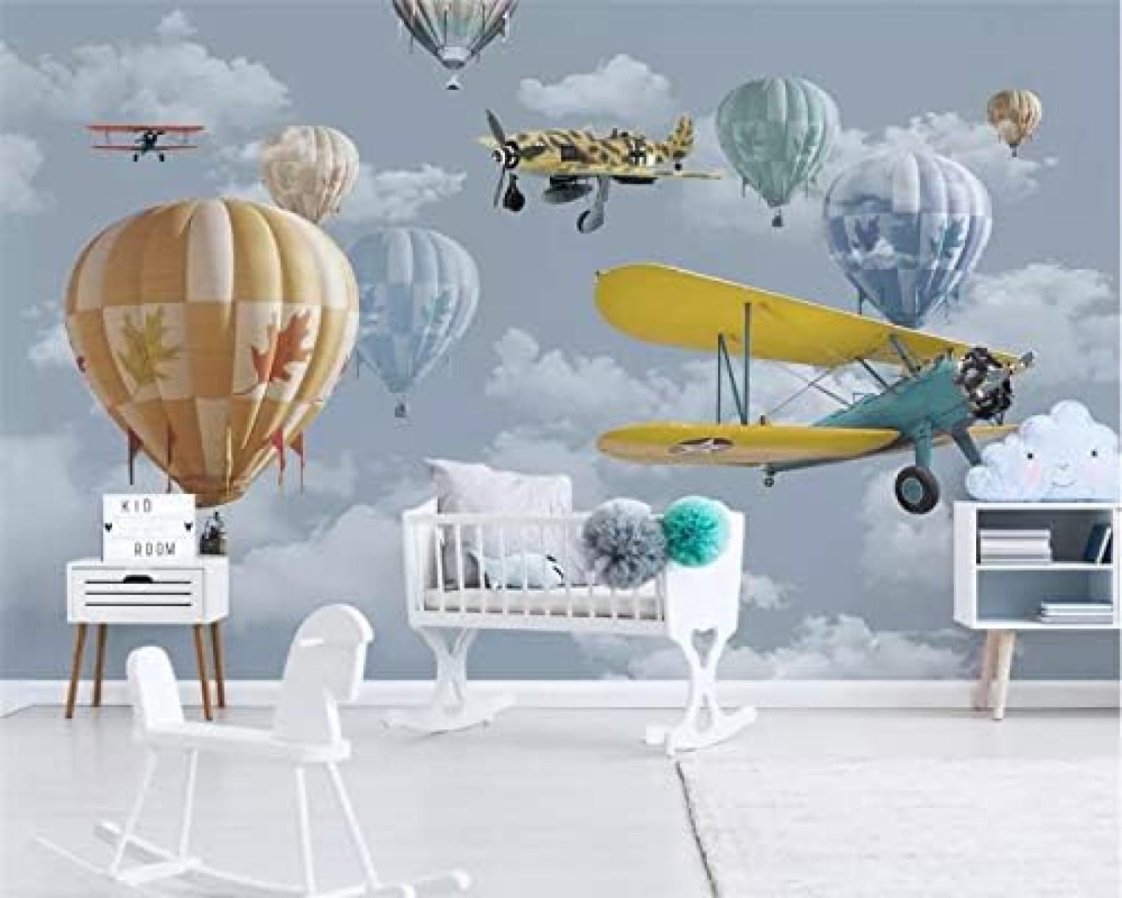 XLMING Einfaches Handbemaltes Cartoon Flugzeug Heißluftballon Kinderzimmer 3D Tapete Wohnzimmer Sofa Schlafzimmer Esszimmer Home Dekoration Wand-200cm×140cm