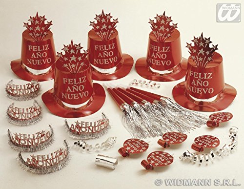 "RED FELIZ AO NUEVO PARTY KIT" for 10 persons (5 top hats, 5 crowns,5 sounding trumpets, 5 sounding blow-outs, 1 roll of 10 decorative streamers) -