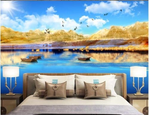 Blauer Himmel Weiße Wolken See Boot 3D Tapete Poster Restaurant Schlafzimmer Wohnzimmer Sofa TV Dekorative Wand-350cm×256cm