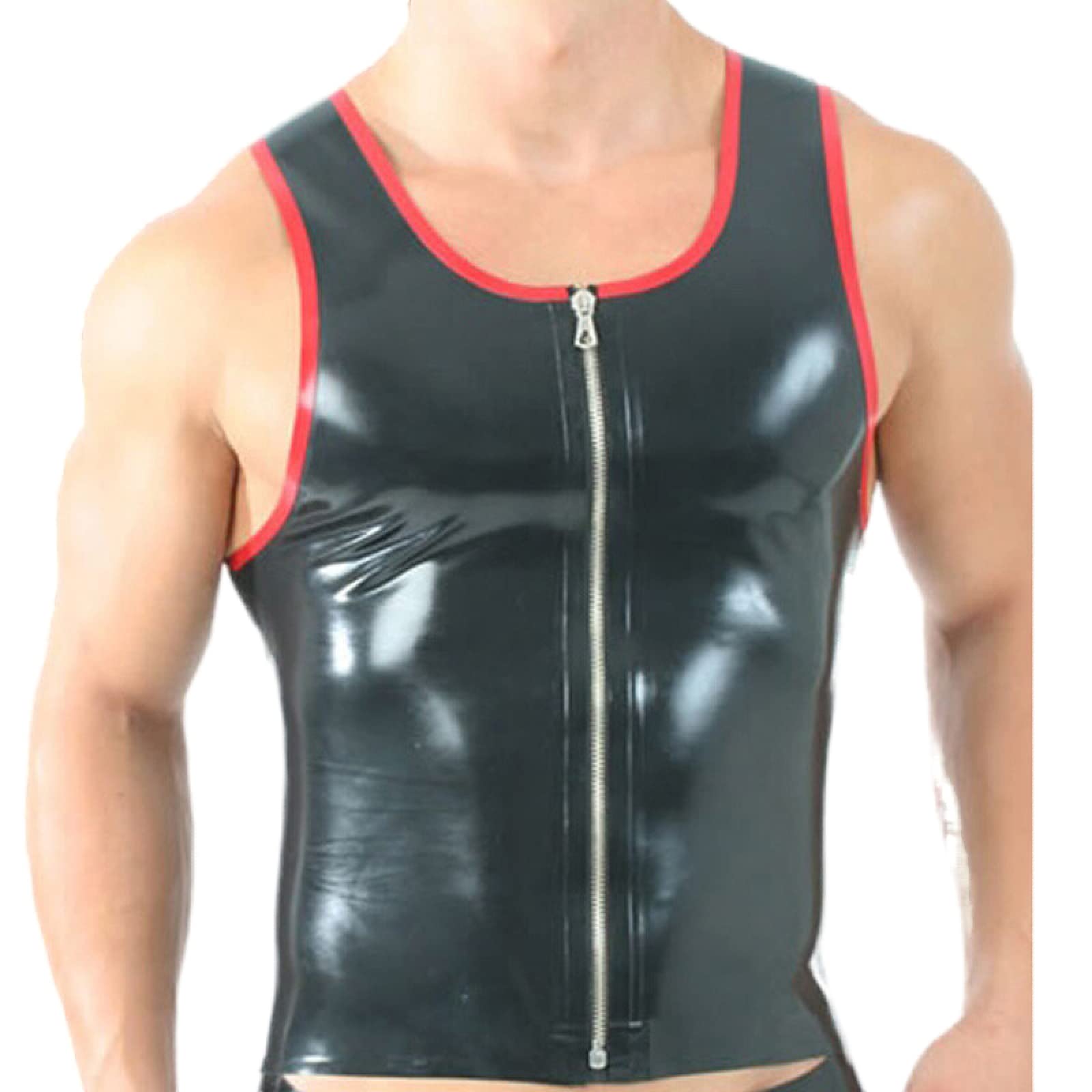 Schwarze und rote Borte, sexy Latex-Weste, Hemden mit rundem Kragen, Reißverschluss vorne, Gummi-Kleidungs-Tanktop,schwarz mit rot,Männlich XS