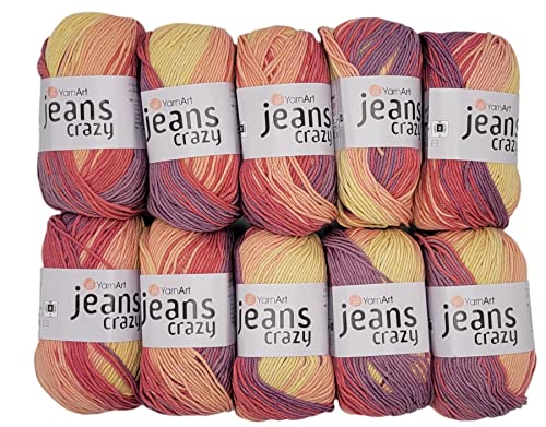 10 x 50g Strickwolle Ilkadim Export Jeans Crazy mit 55% Baumwolle, 500 Gramm Wolle mit Farbverlauf mehrfarbig (flieder rosa cremeweiss 8206)