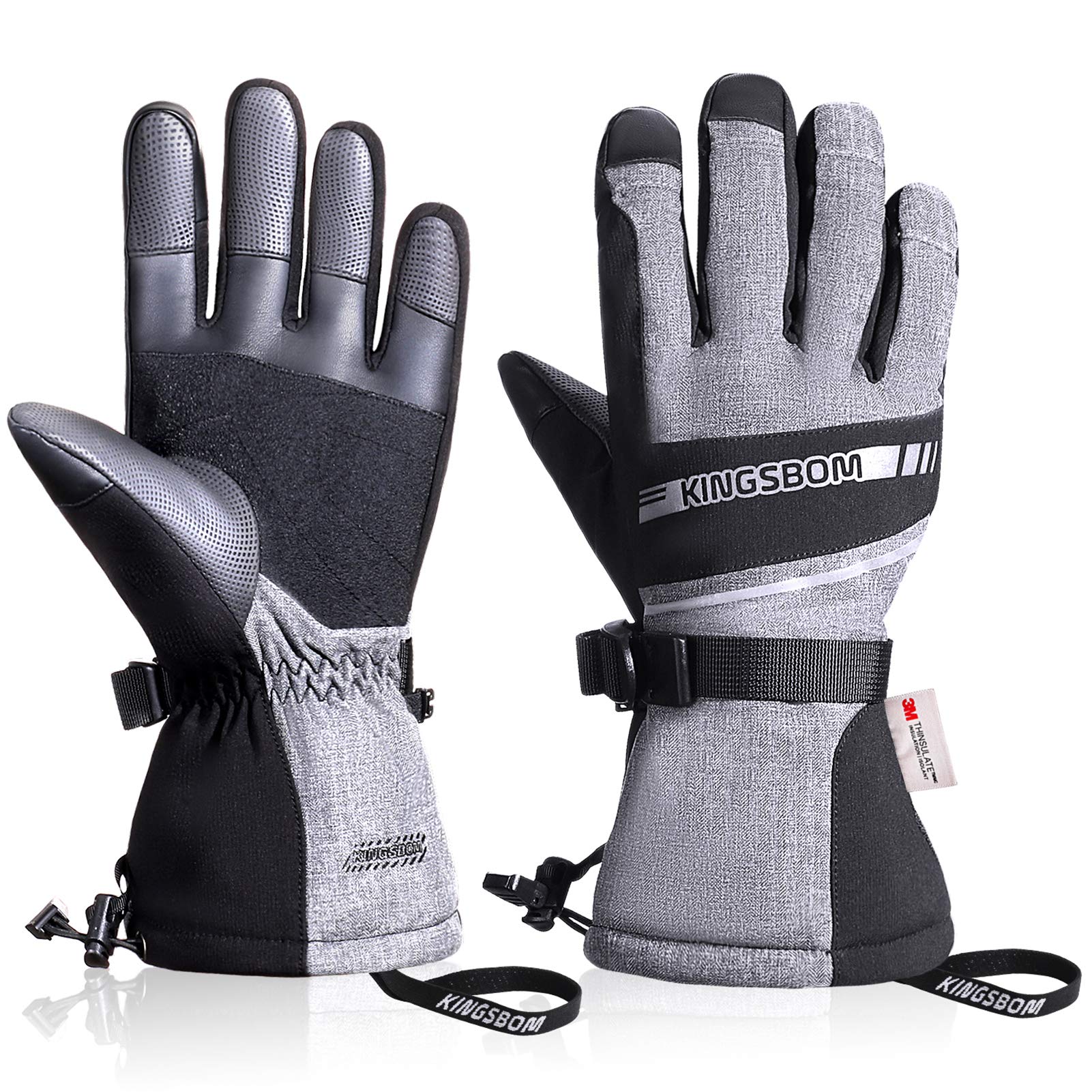 KINGSBOM Wasserdicht Ski- und Schnee-Handschuhe, 3M Thinsulate Winter Warm Touchscreen Snowboard Handschuhe für Herren & Damen - Grau(XXL)