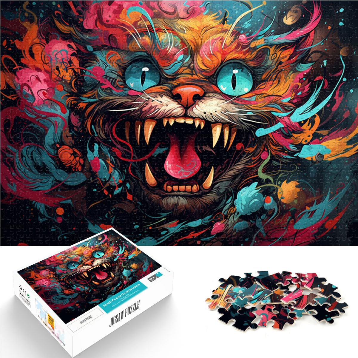 Puzzlespiele, psychedelische Farbkatze, 1000-teiliges Puzzle, Holzpuzzle, jedes Teil ist einzigartig – anspruchsvolles, unterhaltsames Familienspiel, 1000 Teile (50 x 75 cm)