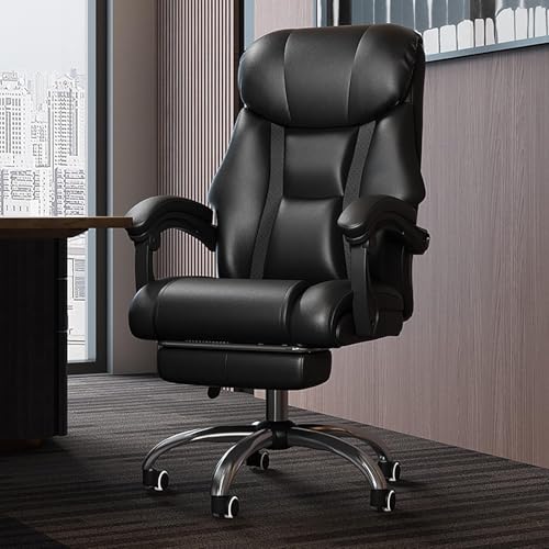 Chefbürostuhl mit hoher Rückenlehne und Rollen für schwere Menschen – ergonomischer Schreibtischstuhl aus Leder, Verstellbarer Computer-Chefstuhl in Schwarz, Schwarz, 64 x 46–54 cm (25 x 18–