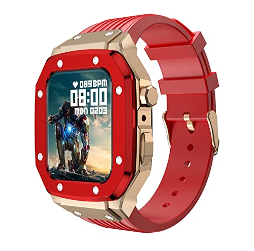 KANUZ Silikonarmband für Apple Watch Serie 8, 45 mm, 44 mm, 42 mm, Silikonband, Metallrahmen, Zubehör für iWatch Serie 7, 6, 5, 4, SE, Modifikations-Mod-Kit (Farbe: Rot, Größe: 45 mm)