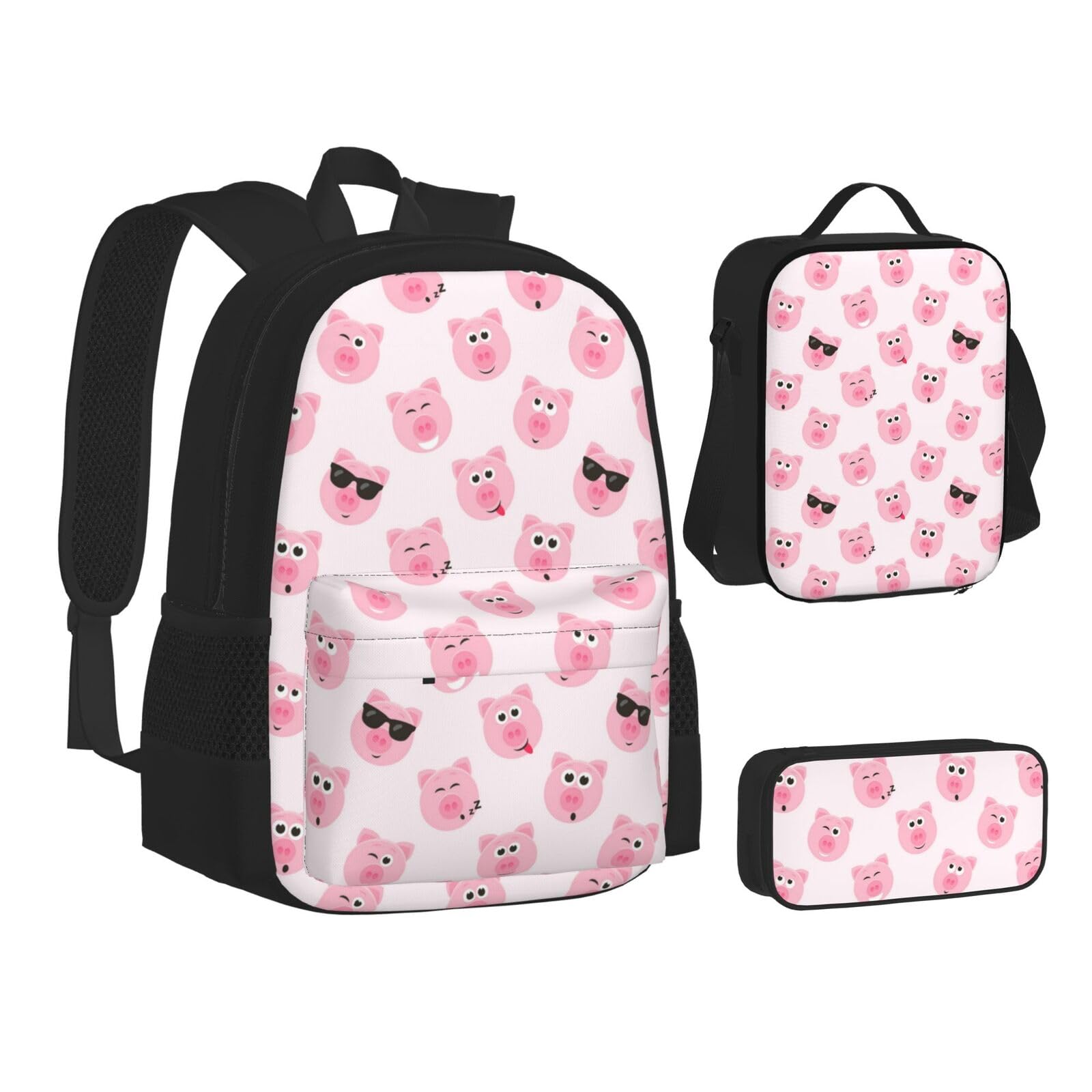 WURTON Lustiges rosa Schweinegesichtsdruck-Set mit 3-in-1 (Federmäppchen + Schultasche + Lunchtasche)