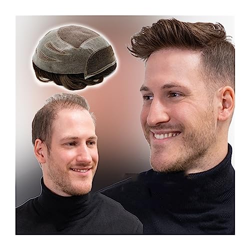 Toupet für Männer Haarersatz Systeme Strapazierfähige Herren-Haarprothese, Remy-Echthaarsystem, 25,4 x 20,3 cm, weiche Mono-Spitze und PU-Basis, Herren-Toupet, atmungsaktive, leicht gewellte Haarteile