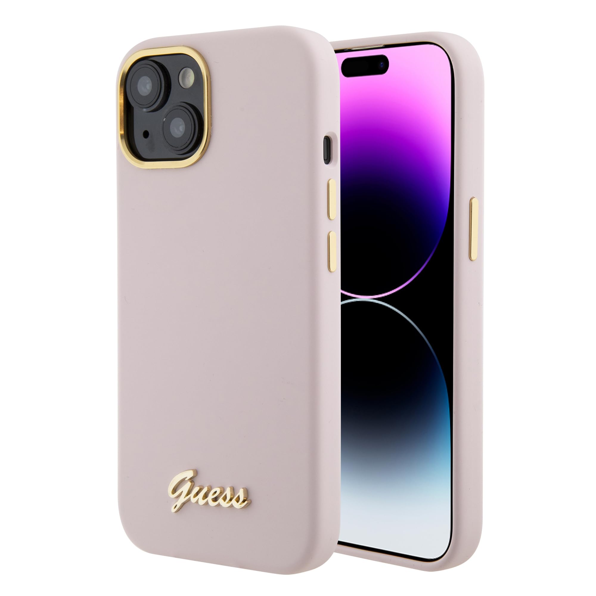 Guess GUHCP15SSMBSLP Hülle für iPhone 15 6.1" Rosa hardcase Silicone Script Metal Logo & Frame