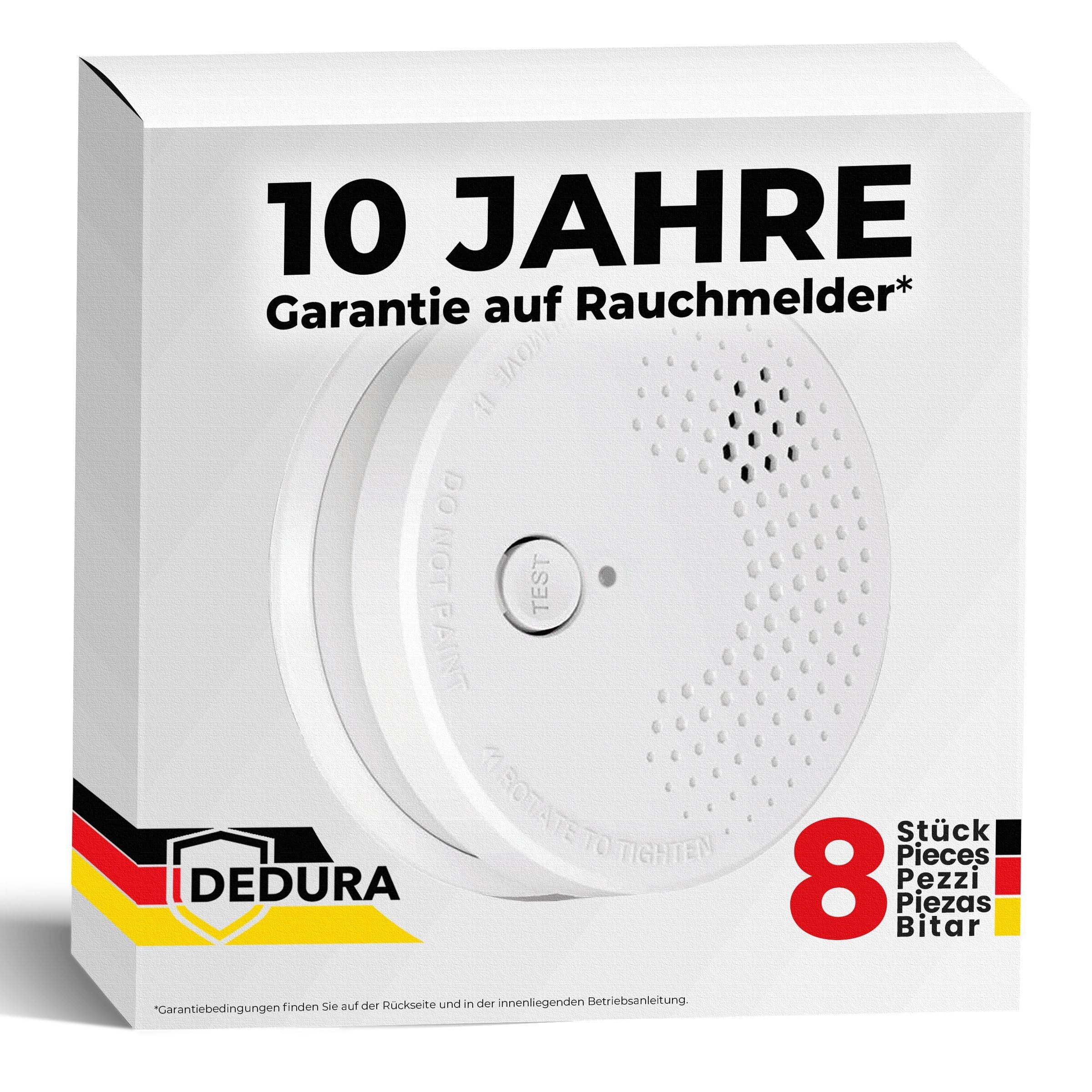 Rauchmelder 8er Set mit 10 Jahre Garantie BSI Zertifiziert nach DIN EN14604 inkl. 9V Batterie Rauchwarnmelder Brandmelder Feuermelder