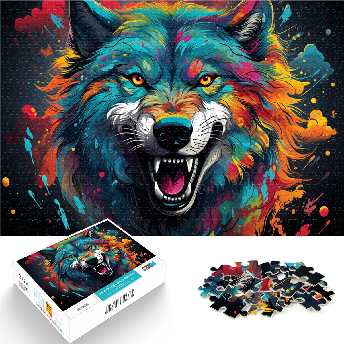 Puzzle zum Verschenken, Bunter Psychedelischer Wolf für Erwachsene, 1000-teiliges Puzzle, Holzpuzzle, einzigartige Heimdekoration und Geschenke, 1000 Teile (50 x 75 cm)