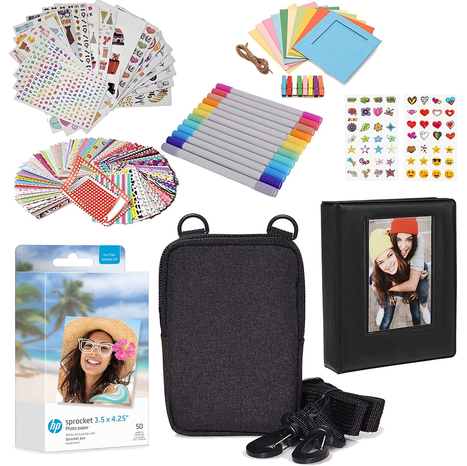 HP Sprocket Fotopapier, 8,9 x 10,8 cm, Zink – Kit: 50 Pack Zinkpapier, Hülle, Fotoalbum, Marker, Aufkleber-Sets