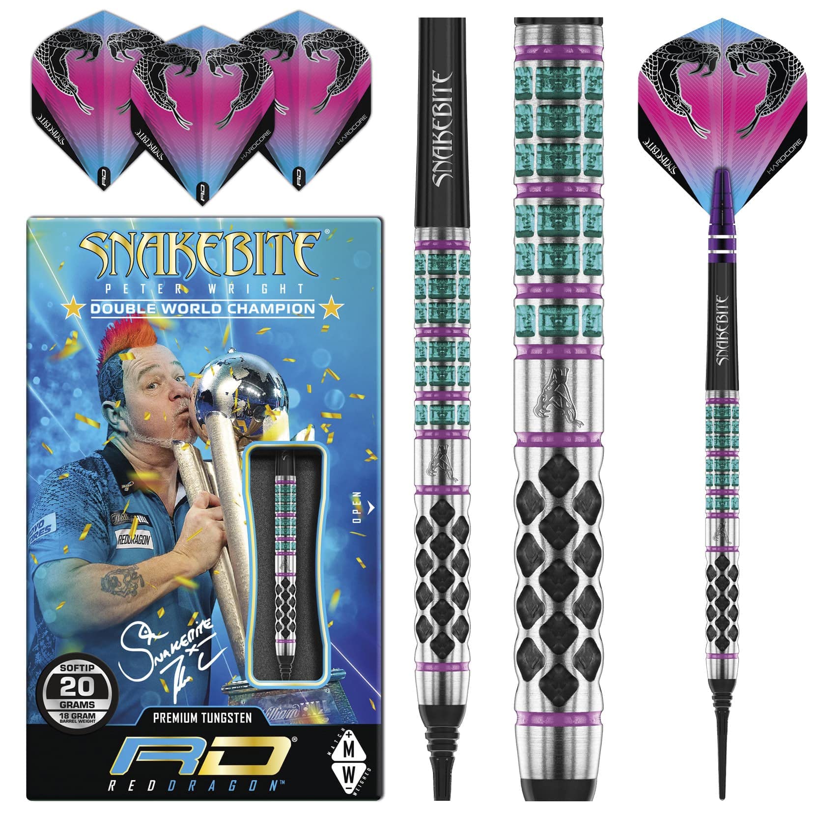 RED DRAGON Peter Wright Snakebite Supa-Venom 18 g Laufgewicht / 20 g Vollgewicht Softip Premium Tungsten Darts Set mit Flights und Stielen