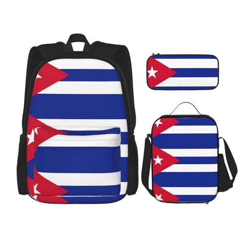 WURTON Trendige Rucksacktaschen mit kubanischer Flagge, Lunchbox und Federmäppchen, 3-in-1, verstellbares Rucksack-Set, Schwarz , Einheitsgröße