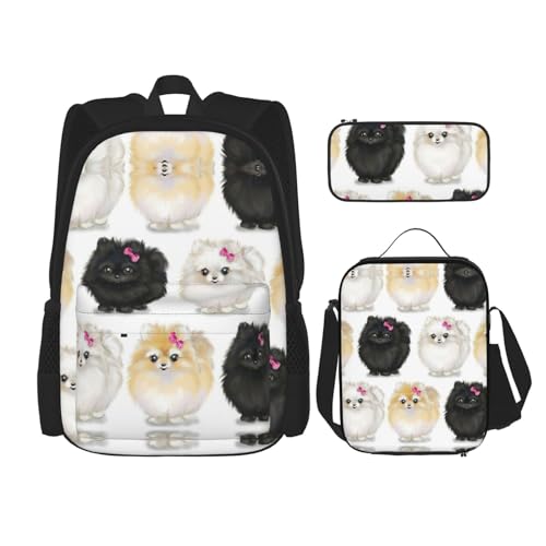 WURTON Rucksack mit Pomeranian-Muster, für Mädchen, Jungen, Schultaschen, Teenager, Lunchbox und Federmäppchen, 3-in-1-Büchertaschen-Set