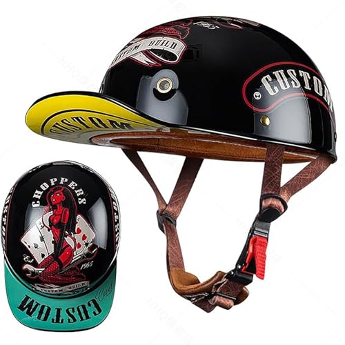 Motorrad-Halbhelm Für Herren Und Damen, DOT-Geprüfte Motorrad-Baseballkappe, Halbschalen-Totenkopfkappe, Neuartiger Offener Rollerhelm, Helm Im Deutschen Stil E,L(58-60) CM