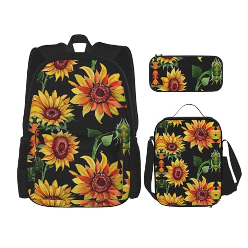 WURTON Schulrucksack-Set mit Sonnenblumen-Druck, 3-in-1, Büchertasche, Set mit Lunchbox, Federmäppchen, Reise, Laptop, Tagesrucksack