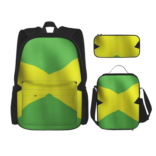 WURTON 3-in-1-Set mit alter jamaikanischer Flagge, lässiger verstellbarer Schulter-Rucksack, Lunch-Tasche, Federmäppchen, Beutel, Schwarz, Einheitsgröße