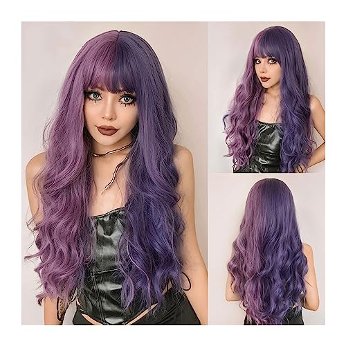 Perücken für Frauen Lila rosa lange gewellte synthetische Perücke mit Pony Cosplay Haar zweifarbige Ombre-Perücke for Frauen hitzebeständig für die Tägliche Party Cosplay Tragen