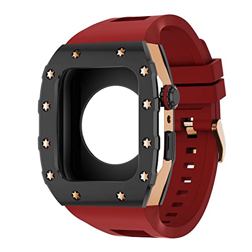 KANUZ 44 mm 45 mm Modifikationsset für iWatch Serie 7, 6, 5, 4 SE, Metallgehäuse, Silikonband für Apple Watch, Gummiband, Stoßfängerabdeckung (Farbe: B-RG-R, Größe: 44 mm)