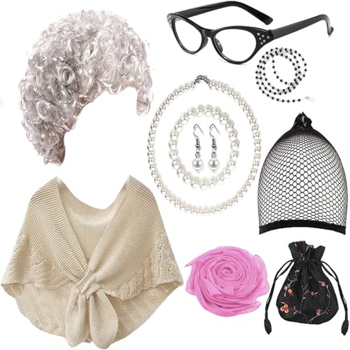 Ranuw Alte Dame Kostüm Set Graue Perücken Künstliche Ohrringe Brille Frauen Alte Dame Rollenspiel Dress Up Zubehör Cosplay Kostüm Anzug