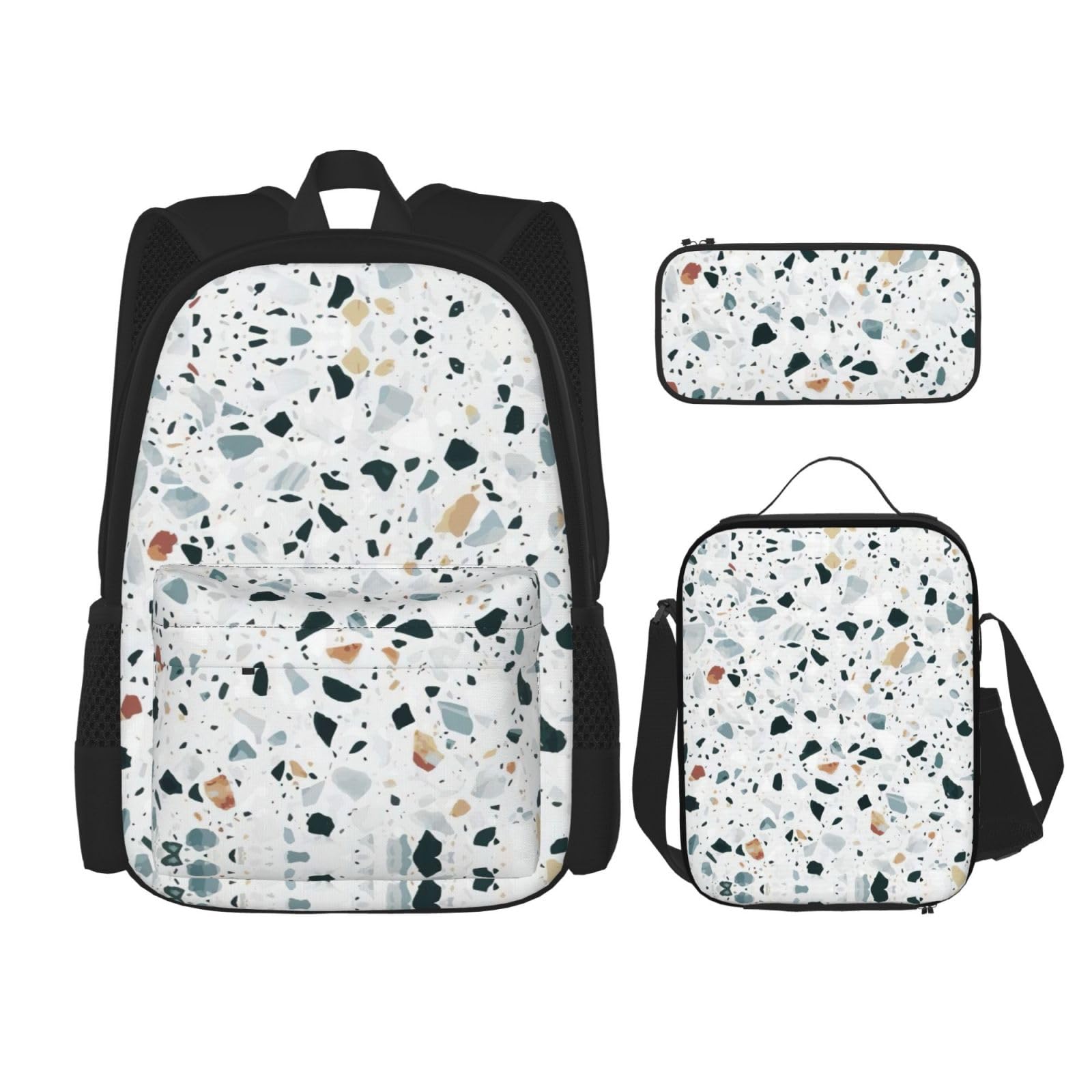 WURTON Terrazzo Rucksack mit Marmor-Motiv, Pastelldruck, für Mädchen, Jungen, Schultaschen, Teenager, Lunchbox und Federmäppchen, 3-in-1-Büchertaschen-Set