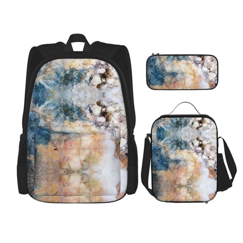 WURTON Schulrucksack-Set mit Marmor-Druck, 3-in-1-Büchertaschen-Set mit Lunchbox, Federmäppchen, Reise-Laptop, Tagesrucksäcke