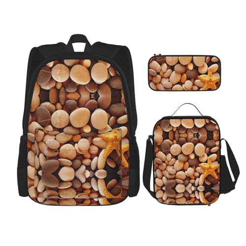 WURTON Schulrucksack-Set mit Kieselstein-Motiv, 3-in-1, Büchertasche, mit Lunchbox, Federmäppchen, Reise, Laptop, Tagesrucksack