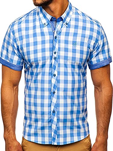 BOLF Herren Kurzarmhemd Kariert Freizeithemd Kurzärmliges Elegant Business Party Hemd Kentkragen Sommer Farbwahl Slim Fit Casual Style 6522 Hellblau S [2B2]