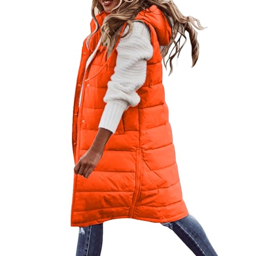 CSHE Wintermantel Damen Lang, Warm Steppmantel mit Kapuze, Daunenmantel Gefüttert Elegant Steppjacke Winterjacke, Ärmellose Weste mit Taschen und Kapuze