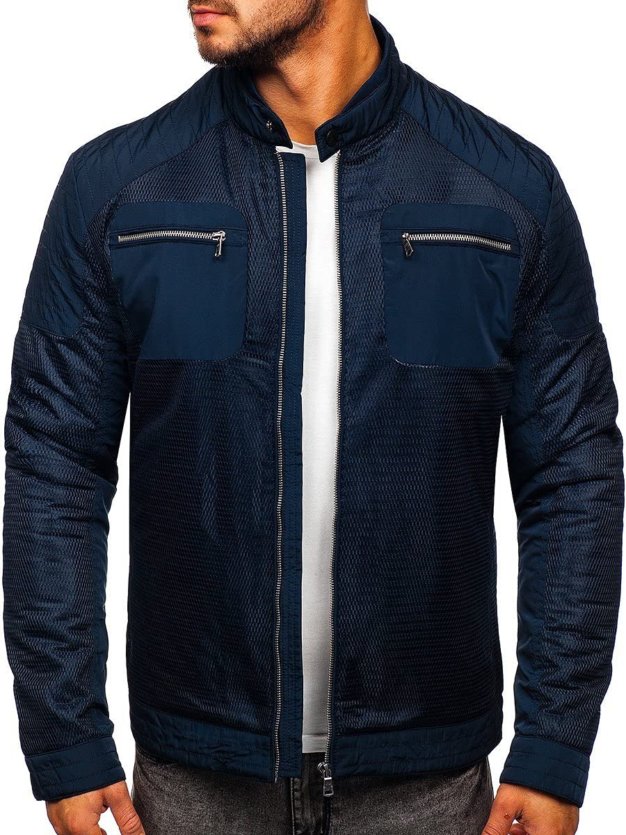 BOLF Herren Übergangsjacke Steppjacke mit Kapuze Daunenjacke Reißverschluss Sportjacke Zip Wärme Freizeit Outdoor Basic Casual Style 1702A Dunkelblau XL [4D4]