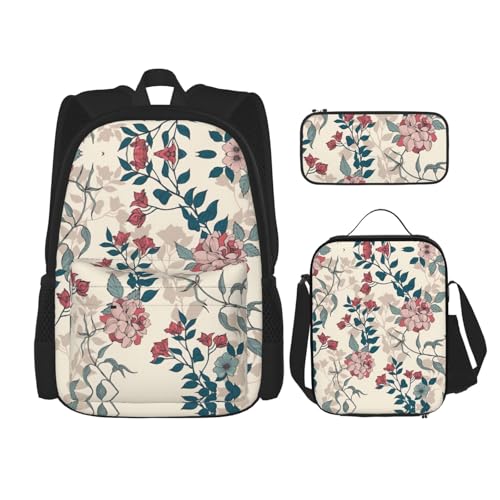 WURTON Rucksack mit rosa Blumen und Blättern, für Mädchen, Jungen, Schultaschen, Teenager, Lunchbox und Federmäppchen, 3-in-1-Büchertaschen-Set