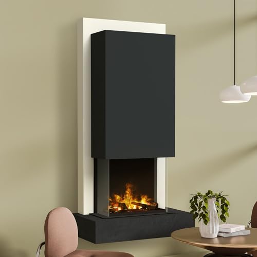 muenkel design Arco - Opti-Myst Elektrokamin Kaminofen Kamin – ohne Heizung - Naturstein Negro Schiefer Schwarz - Rauchfang Schwarz-Grau