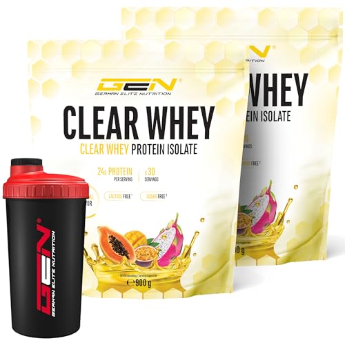 1800 g Clear Whey Isolate Proteinshake + Premium Shaker - Fruchtig & erfrischender Eiweiß-Shake - Hochwertiges Molkenprotein-Isolat (2x900g, Tropical)