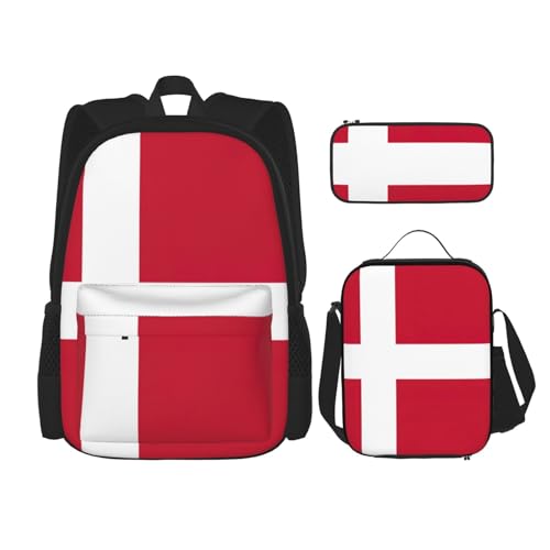 WURTON Rucksack mit dänischer Flagge, 3-in-1, Büchertaschen-Set, Lunchbox, Federmäppchen, Reisen, Laptop, Tagesrucksäcke, Schwarz , Einheitsgröße