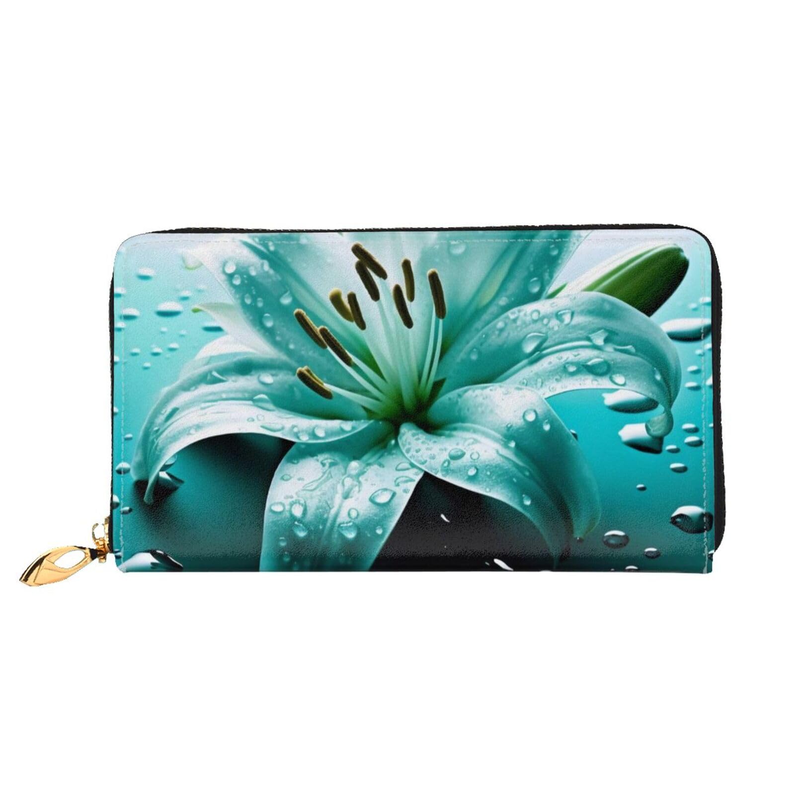 DENMER Gelbe Blumen Schmetterlinge Leder Geldbörse Kunstleder mit metallischem Reißverschluss geräumiges und stilvolles Accessoire für moderne Frauen Produkt, Blaugrüne Lilie, Einheitsgröße, Modern