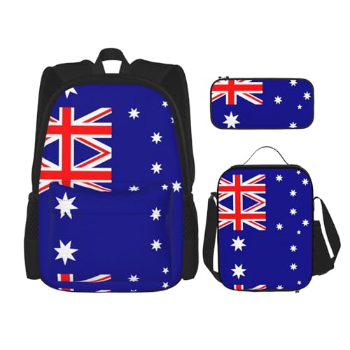 WURTON Rucksack-Set mit australischer Flagge, Schultasche mit Lunchtasche, Federmäppchen, Kombination, Schultaschen-Set