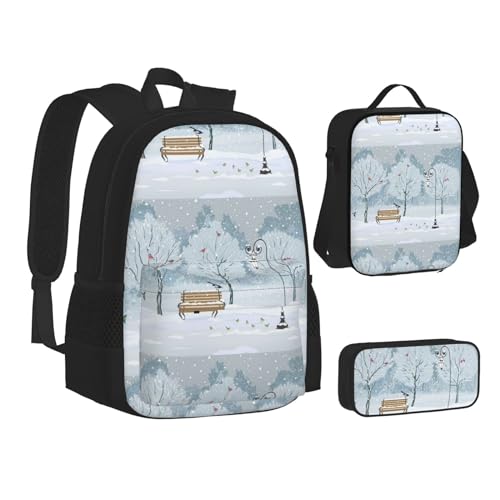 WURTON Rucksack mit Aufdruck "Birds In The Park On A Snowy Day", 3-in-1 (Federmäppchen + Schultasche + Lunchtasche)