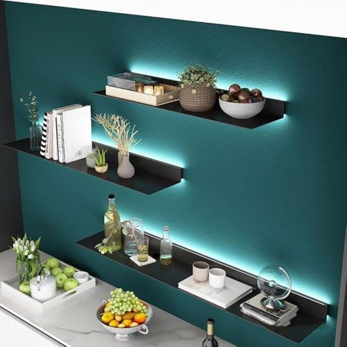 Schwebende Wandregale mit LED, Wandregal zur Wandmontage mit Stahlplatten, Metall-Ausstellungsregale für die gewerbliche Bar im Home Office, Schwarz, 80 x 20 x 6 cm