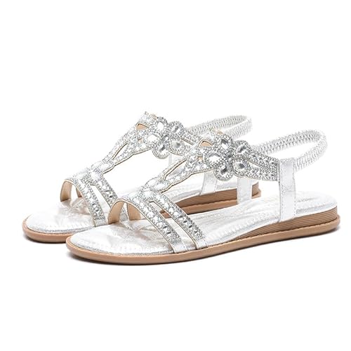 letaofang Sandalen Damen Sommer Elegant Flache Strass Bohemia T-Riemen Frauen Sandalen Weichen Sohlen Sommerschuhe Glitzer Flip Flops Gummiband Slingback Sandalen Mädchen Strandschuhe