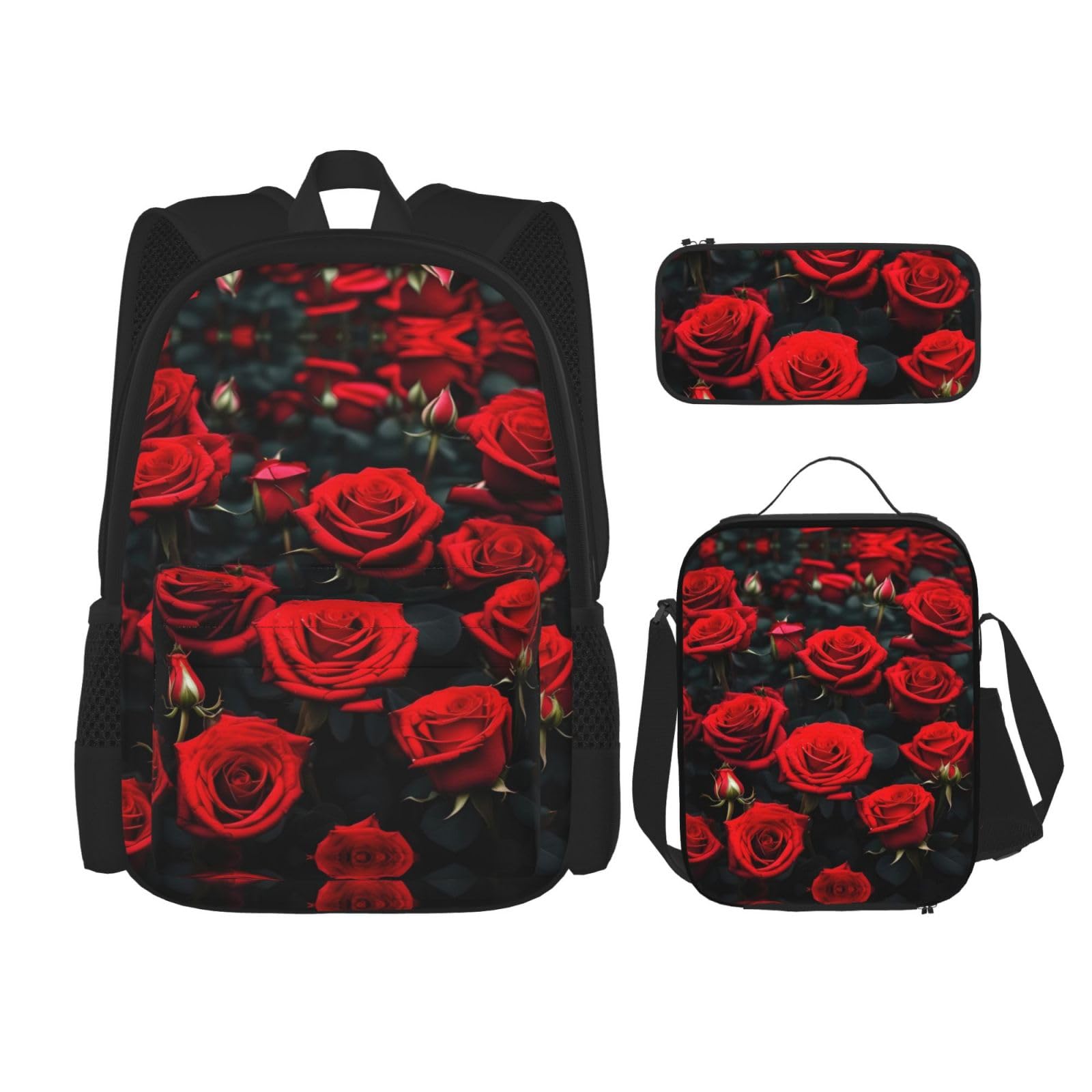 YQxwJL 3-in-1-Rucksack-Büchertaschen-Set, mathematischer Druck, lässiger Reiserucksack, mit Federmäppchen, Lunchtasche, Viele rote Rosen, Einheitsgröße