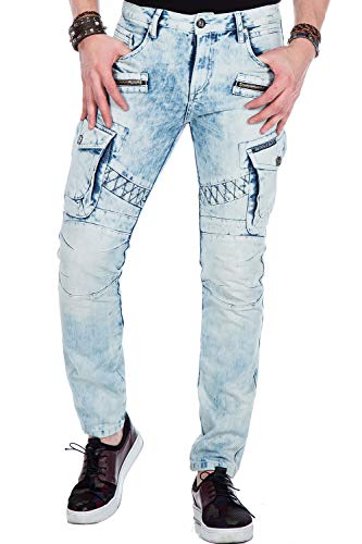 Cipo Baxx Herren Jeans Hose Slim Fit Cargo Design Denim Freizeit Hose Hellblau W30 L34