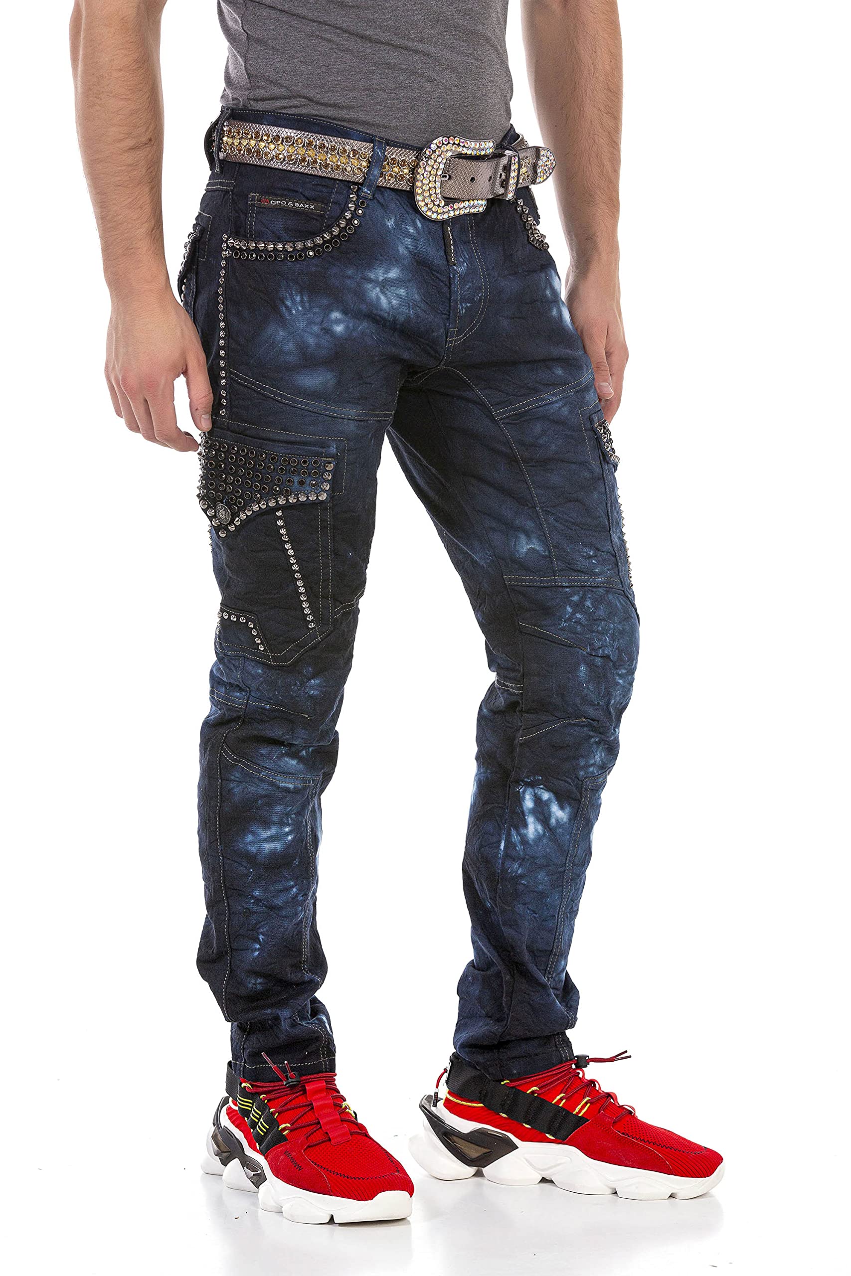 Cipo & Baxx Herren Jeans Hose Cargo Nieten Regular Fit Pants Denim Jeanshose Pants CD677 Blau W32 L34