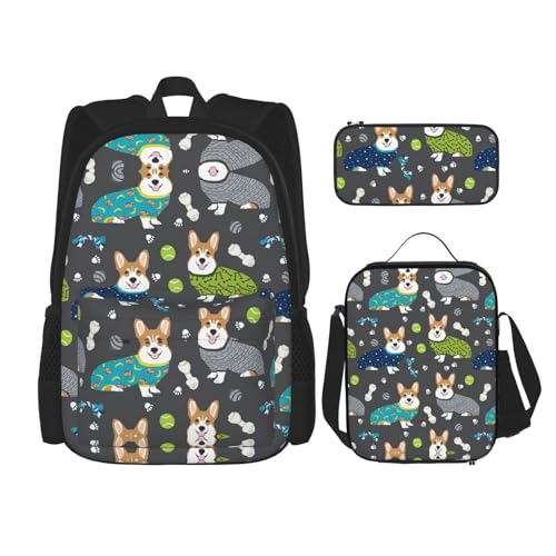 WURTON Trage Kleidung Corgi Dogs Print 3 in 1 Sets Casual Verstellbarer Schulterrucksack Mittagessen Tasche Federmäppchen Tasche Box, Schwarz, Einheitsgröße