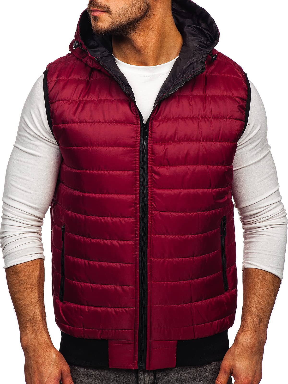 BOLF Herren Weste mit Kapuze Steppweste Bodywarmer Kapuzenweste Daunenweste Reißverschluss Weste Ärmellose Sportweste Zip Wärme Freizeit Outdoor Style J.Style MY88 Weinrot L [4D4]