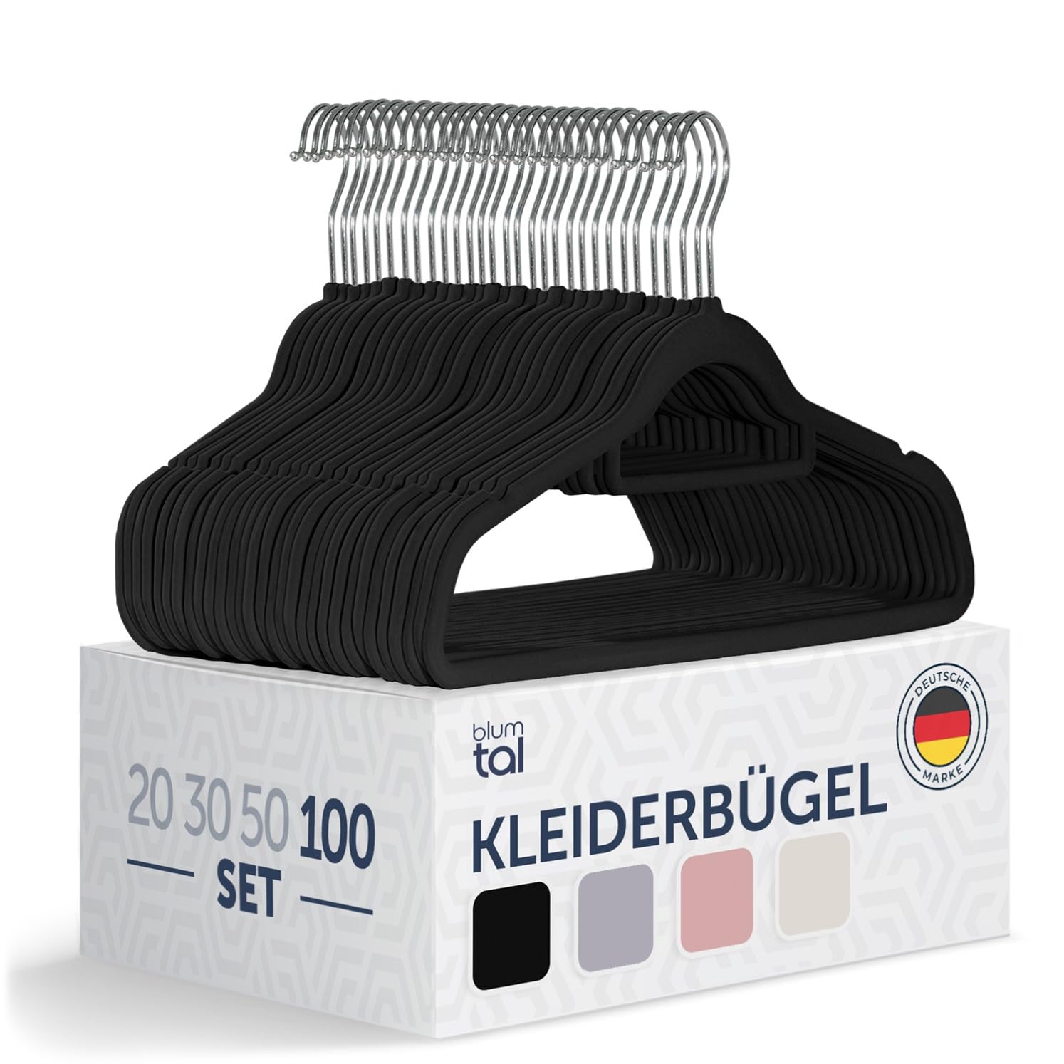 Blumtal Kleiderbügel 100 Stück - Kleiderbügel Samt 360° drehbar und belastbar - Kleiderbügel platzsparend und rutschfest - Kleiderbügel Schwarz mit Samtbezug - Samtbügel - Schwarze Kleiderbügel