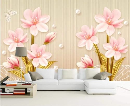 Rosa Blumen Schmetterlinge Goldene Blätter 3D Tapete Poster Restaurant Schlafzimmer Wohnzimmer Sofa TV Dekorative Wand-430cm×300cm