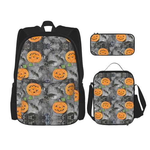 WURTON Halloween-Rucksack, 3-in-1, Büchertaschen-Set, Lunchbox, Federmäppchen, Reise-Laptop, Tagesrucksack, Grau, Fledermaus, Spinne, Kürbis, Druck, Schwarz, Einheitsgröße