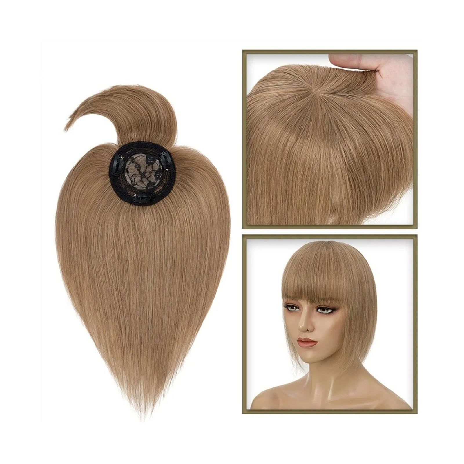 Haartopper für Frauen Haaraufsätze for Frauen mit dünner werdendem Haar, 10–20 Zoll glatter Echthaaraufsatz mit Pony, 150% Dichte, 8,5 x 8,5 cm Seidenbasis, Clip-in-Topper-Haarteile Haarteil Topper T