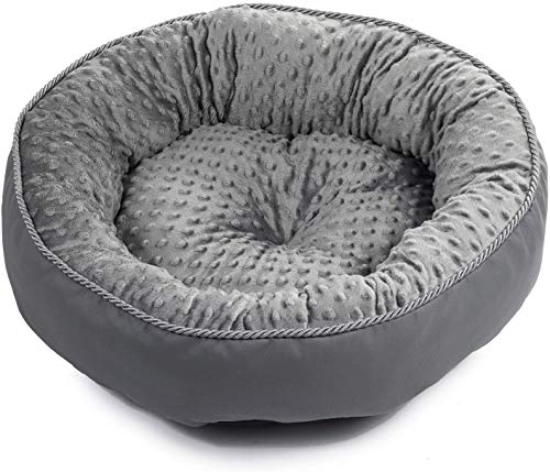 BoutiqueZOO Hundebett Kunstleder Katzenbett Donut Rund Flauschig Plüsch mit Rand - Dunkel Grau - M