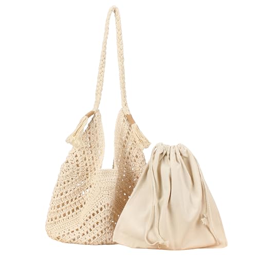 Meiliyizu Lässige Damen-Umhängetasche, handgewebt, Handtasche, Stricktasche, modische Stroh-Strandtasche mit Innentasche, für Reisen und den täglichen Gebrauch